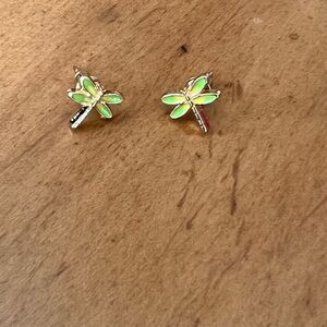 New Whimsical Gold and Green Dragonfly Stud Earrings
